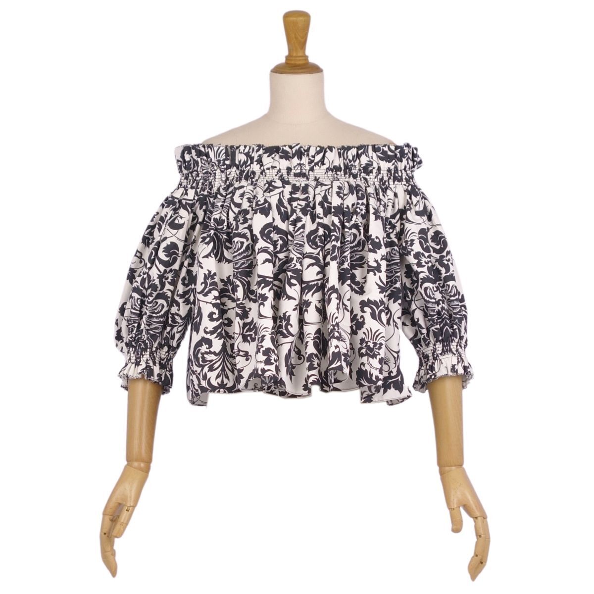 未使用 クリスチャンディオール Christian Dior シャツ 2023 ブラウス オフショルダー 総柄 コットン シルク I46 黒 白 ce07mn-rm20e32239拍卖