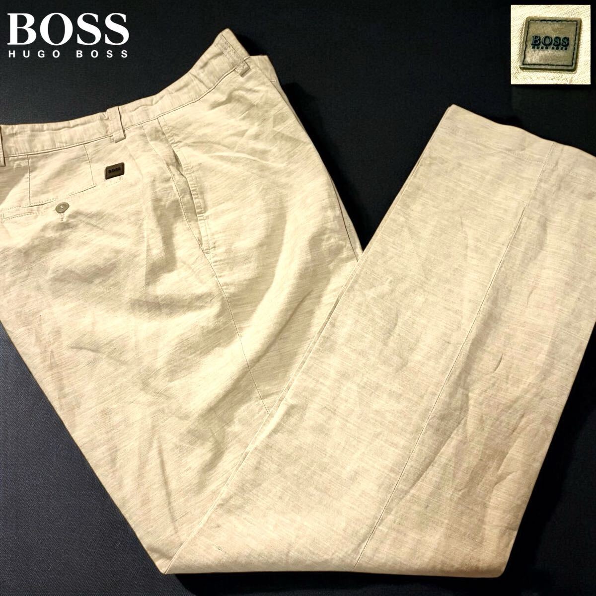 極美品/Lサイズ●ヒューゴボス リネン コットン 薄手 サマーパンツ スラックス HUGO BOSS 背面ロゴワッペン 夏素材 薄ベージュ 大谷翔平 50拍卖