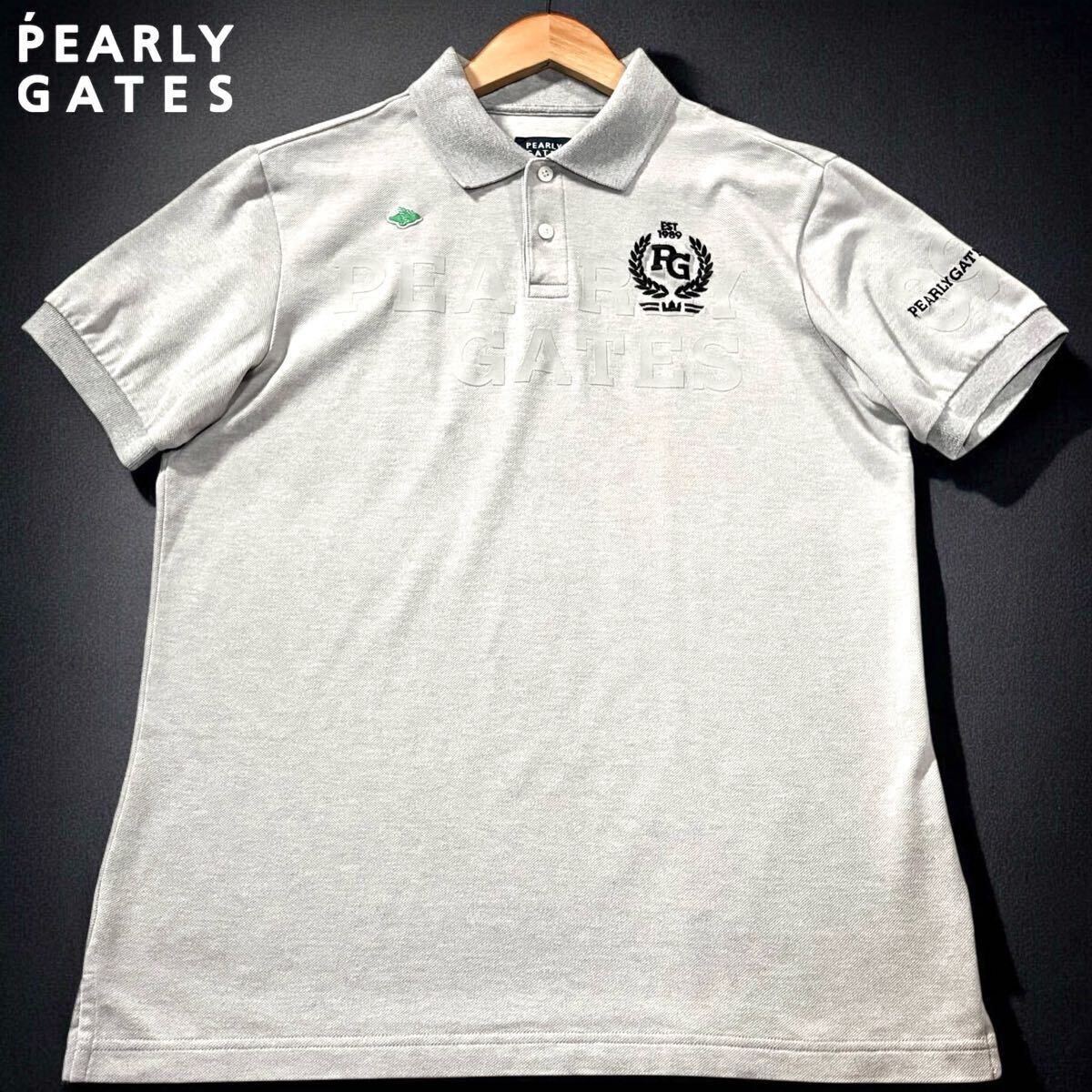 極美品/Lサイズ●パーリーゲイツ PEARLY GATES 半袖ポロシャツ Tシャツ ゴルフウェア 鹿の子 ストレッチ グレー 胸元ロゴ 背面ロゴ刺繍 5拍卖