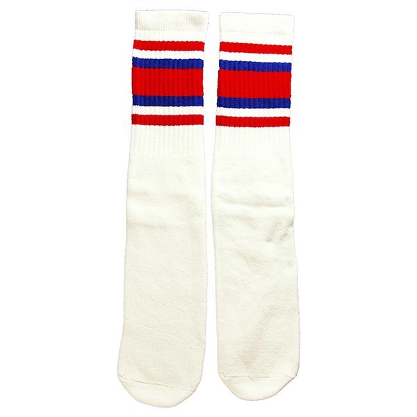 SkaterSocks ロングソックス 靴下 ソックス スケボー Knee high White tube socks with Red-Royal Blue stripes style 4 (22インチ)拍卖
