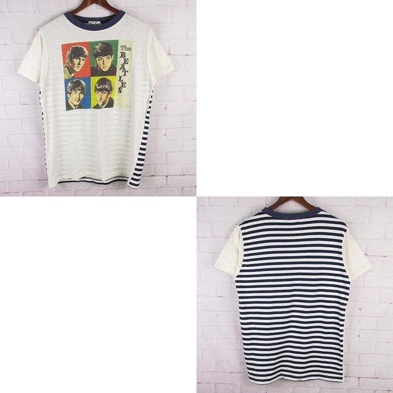 LST12452 Topaz トパーズ Tシャツ ビートルズ ボーダー オフホワイト系×ホワイト系×ネイビー系 M(クリックポスト可)拍卖