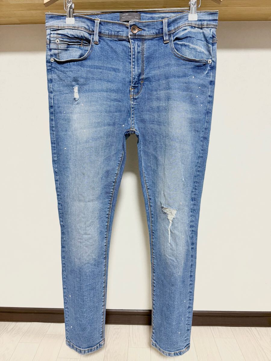 伸縮性抜群 ペイント ZARA MAN ウルトラ ストレッチ 送料230円 44 34 スキニー ダメージ デニム パンツ メンズ ジーンズ拍卖