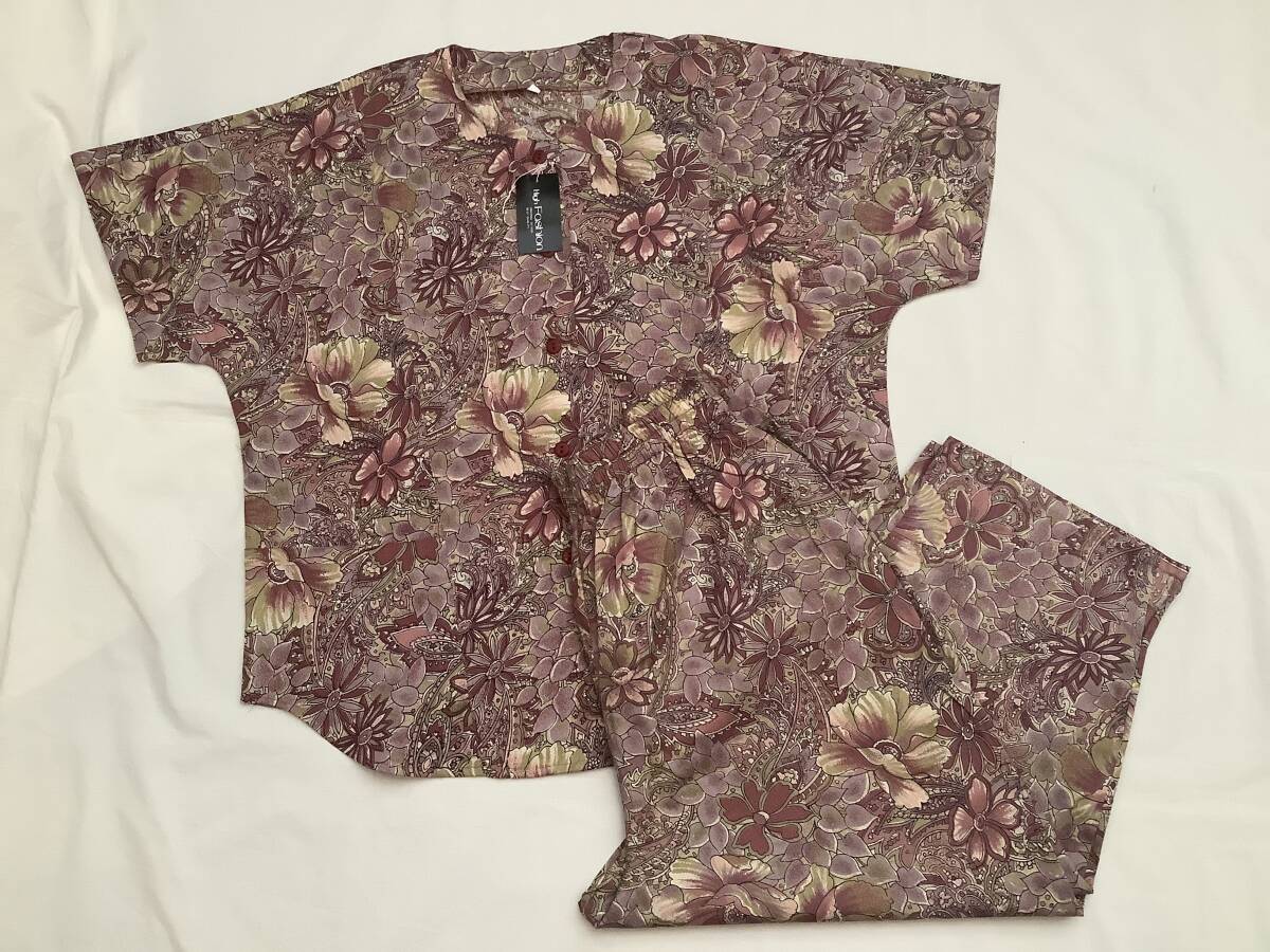 即決 新品 未使用 保管品 カジュアルウェア セットアップ 綿100% 上下セット パジャマ 家着 ボルドー系 ホームウェア ボタニカル 花柄拍卖