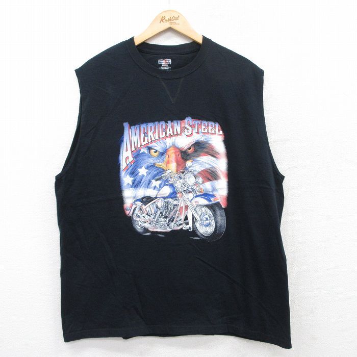 XL/古着 ジャージーズ ノースリーブ Tシャツ メンズ バイク 鳥 星条旗 大きいサイズ コットン クルーネック 黒 ブラック 25jun28 中古拍卖