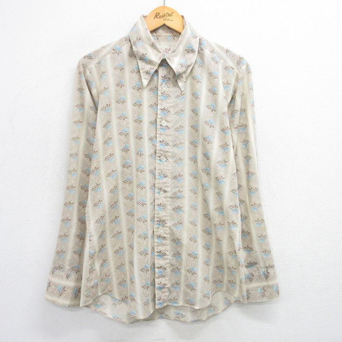L/古着 長袖 シャツ メンズ 70s 総柄 濃ベージュ カーキ 25jun28 中古 トップス拍卖