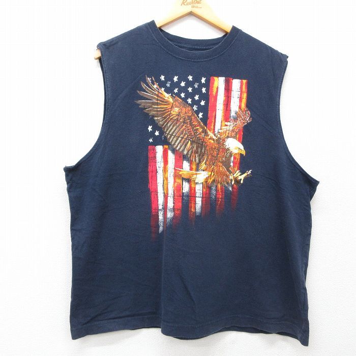 XL/古着 FADED GLORY ノースリーブ Tシャツ メンズ 鳥 星条旗 大きいサイズ コットン クルーネック 紺 ネイビー 25jun30 中古拍卖