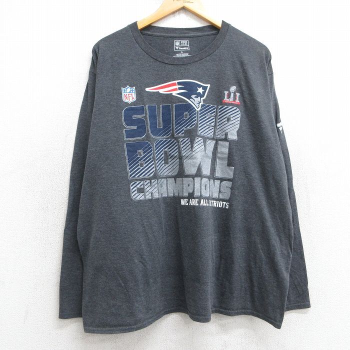 XL/古着 長袖 Tシャツ メンズ NFL ニューイングランドペイトリオッツ 大きいサイズ クルーネック 濃グレー 霜降り アメフト スーパーボウル拍卖