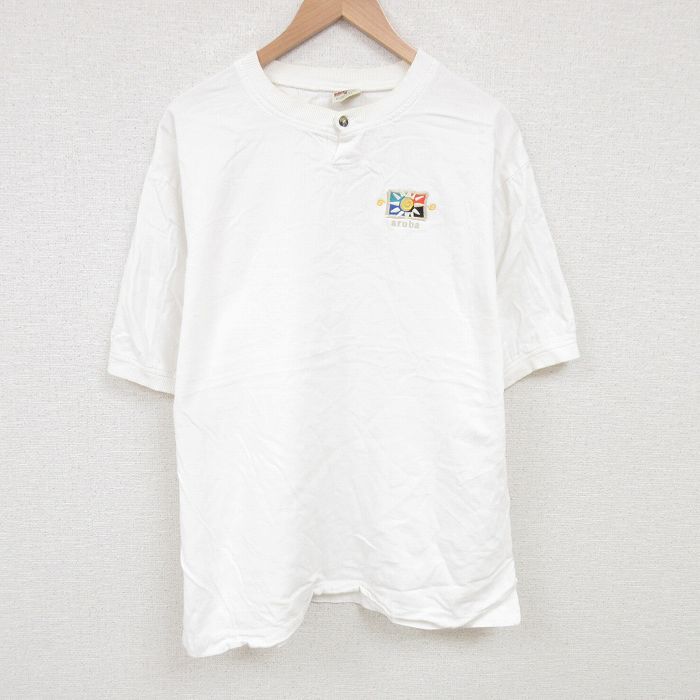 XL/古着 半袖 ビンテージ Tシャツ メンズ 90s aruba 大きいサイズ コットン ヘンリーネック 白 ホワイト 25jul02 中古拍卖