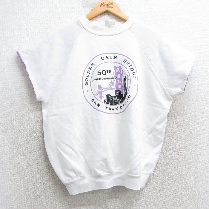 L/古着 半袖 スウェット メンズ 80s ゴールデンゲートブリッジ サンフランシスコ ラグラン クルーネック 白 ホワイト 25jul03 中古 スエッ拍卖