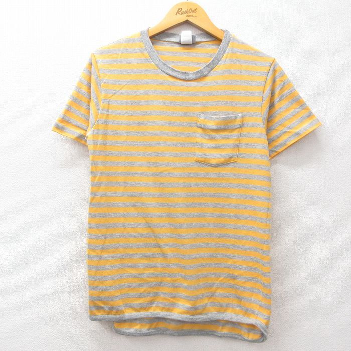 M/古着 半袖 ビンテージ Tシャツ メンズ 90s 胸ポケット付き クルーネック 黄他 イエロー ボーダー 25jul10 中古拍卖