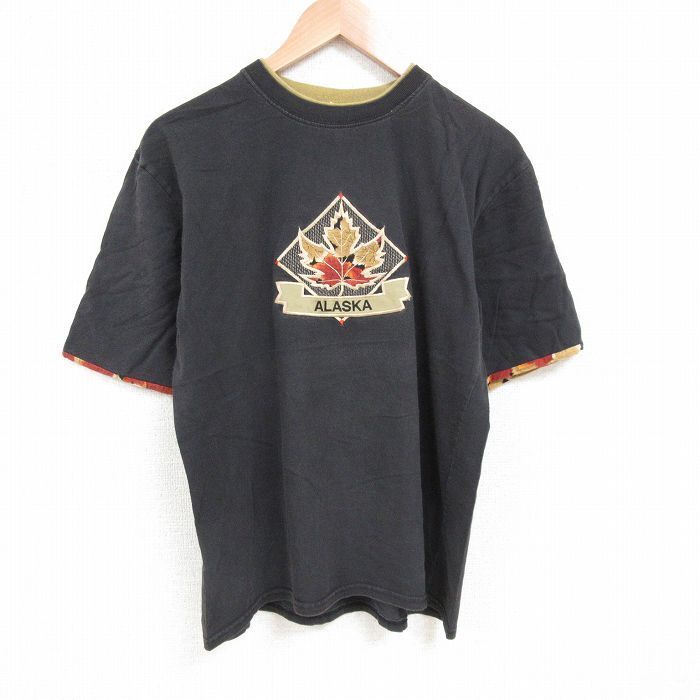L/古着 半袖 ビンテージ Tシャツ メンズ 90s アラスカ 刺繍 コットン クルーネック 黒 ブラック 25jul08 中古拍卖