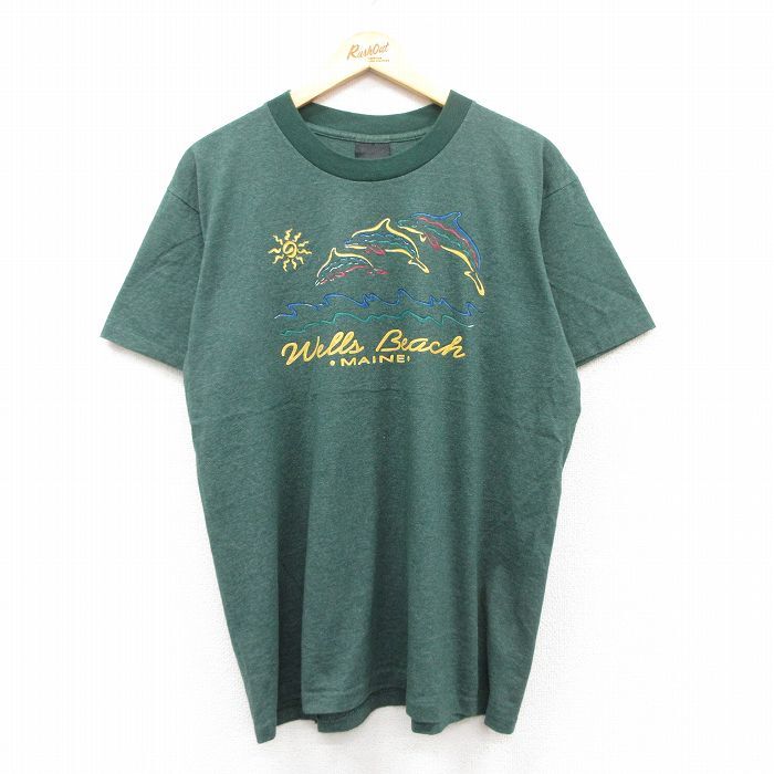 XL/古着 半袖 ビンテージ Tシャツ メンズ 90s イルカ ウェルズビーチ クルーネック 緑 グリーン 霜降り 25jul08 中古拍卖