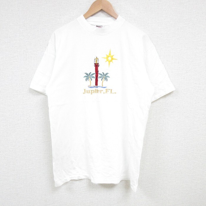 L/古着 オニータ 半袖 ビンテージ Tシャツ メンズ 90s 灯台 刺繍 コットン クルーネック 白 ホワイト 25jul04 中古拍卖