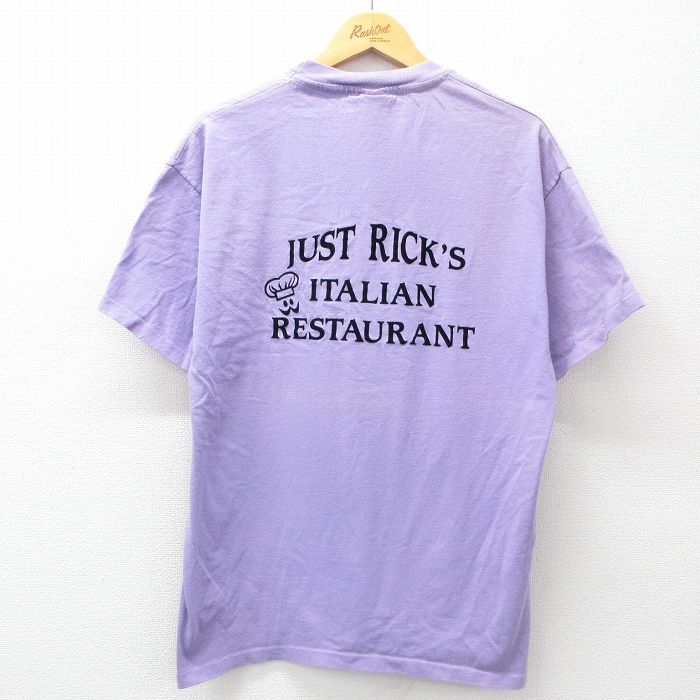 XL/古着 半袖 ビンテージ Tシャツ メンズ 90s イタリアン レストラン フロッキープリント コットン クルーネック 薄紫 パープル 25jul07 中拍卖