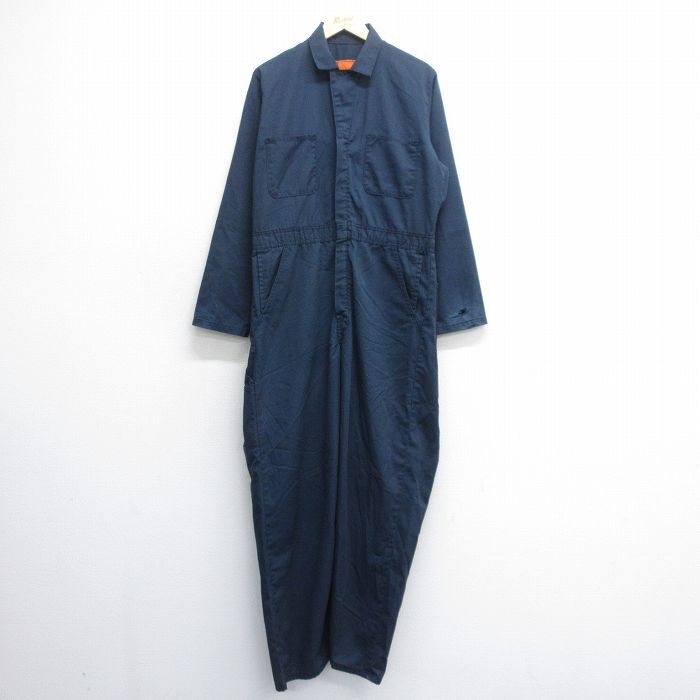 W37/古着 レッドキャップ 長袖 ワーク ツナギ メンズ 90s 紺 ネイビー 25jul05 中古 オールインワン ボトムス拍卖