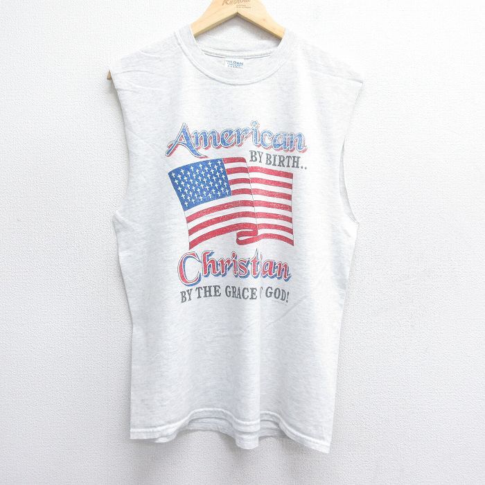 L/古着 ノースリーブ ビンテージ Tシャツ メンズ 00s 星条旗 Christian クルーネック 薄グレー 霜降り 25jul07 中古拍卖
