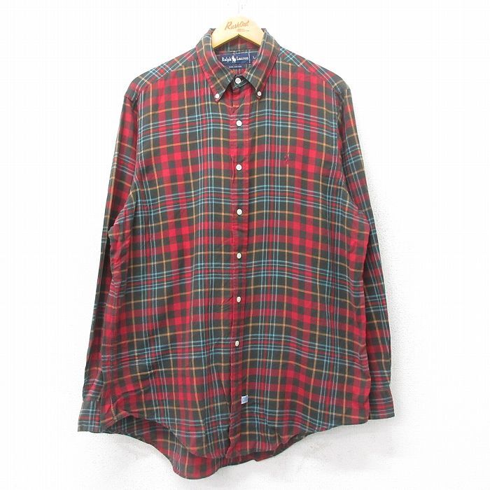 XL/古着 ラルフローレン 長袖 ブランド シャツ メンズ 90s ワンポイントロゴ コットン ボタンダウン 赤他 レッド チェック 25jul05 中古 ト拍卖