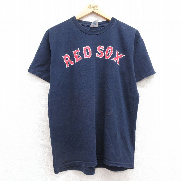 L/古着 マジェスティック 半袖 ビンテージ Tシャツ メンズ 00s MLB ボストンレッドソックス ジョシュベケット 19 コットン クルーネック 紺拍卖