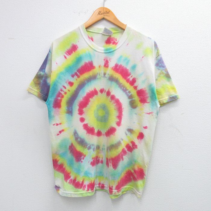 L/古着 ヘインズ 半袖 ビンテージ Tシャツ メンズ 00s クルーネック 黄他 イエロー タイダイ 25jul14 中古拍卖