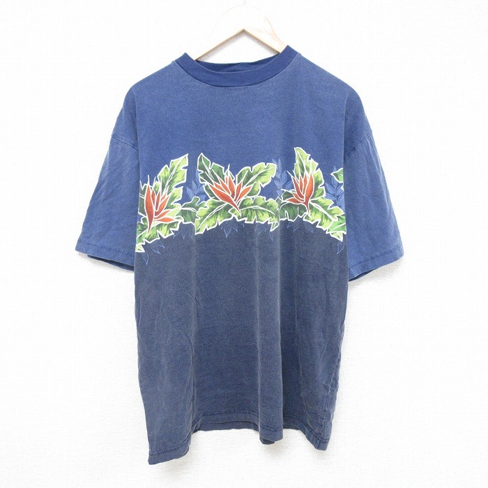 XL/古着 ノーティカ 半袖 ビンテージ ブランッド Tシャツ メンズ 90s 花 コットン クルーネック 紺 ネイビー 25jul16 中古拍卖
