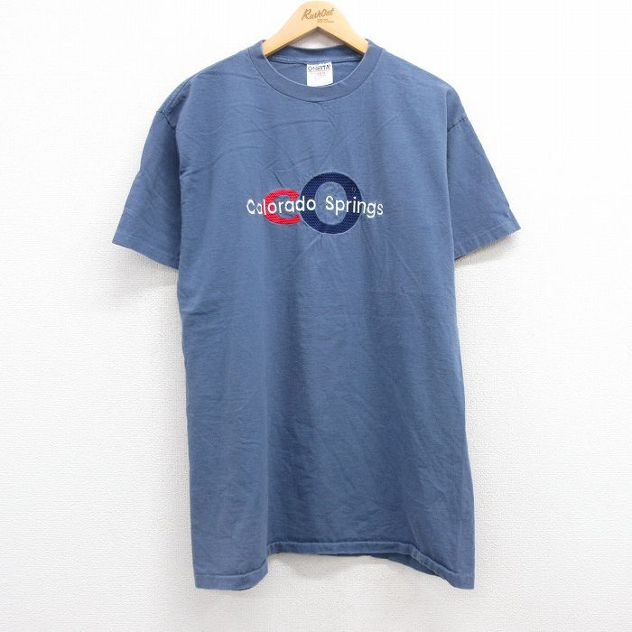 XL/古着 オニータ ONEITA 半袖 ビンテージ Tシャツ メンズ 90s コロラドスプリングス 刺繍 コットン クルーネック 薄紺 ネイビー 25jul16拍卖