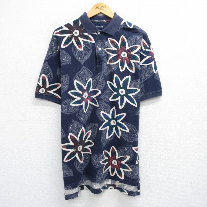 XL/古着 半袖 ポロ シャツ メンズ 00s 花 葉 鹿の子 コットン 紺他 ネイビー 25jul11 中古 トップス拍卖