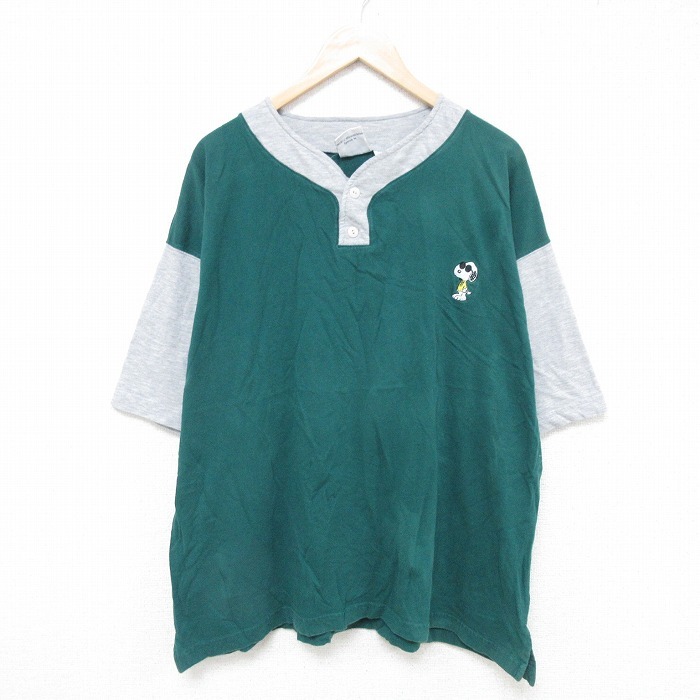 XL/古着 半袖 ビンテージ Tシャツ メンズ 00s スヌーピー ツートンカラー 大きいサイズ コットン ヘンリーネック 緑他 グリーン 霜降り spe拍卖