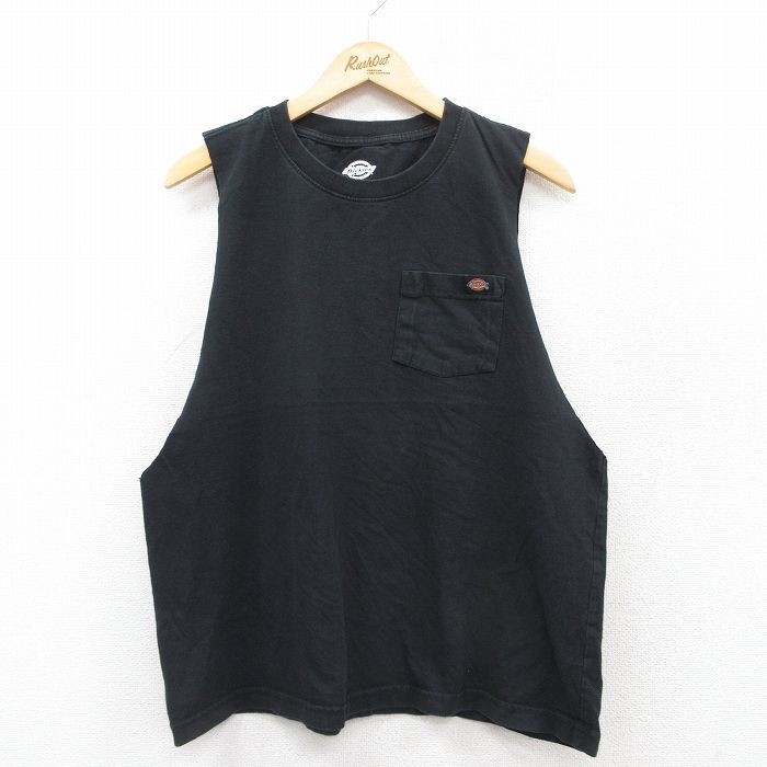 L/古着 ディッキーズ Dickies ノースリーブ Tシャツ メンズ ワンポイントロゴ 胸ポケット付き コットン クルーネック 黒 ブラック 25jul14拍卖