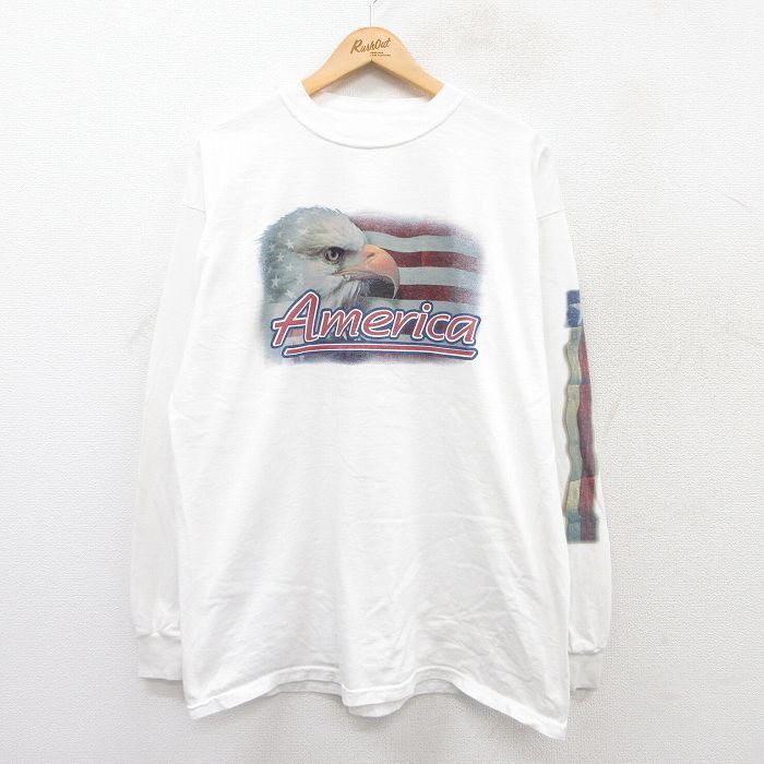 XL/古着 長袖 ビンテージ Tシャツ メンズ 00s アメリカ 鳥 星条旗 大きいサイズ コットン クルーネック 白 ホワイト 25jul14 中古拍卖