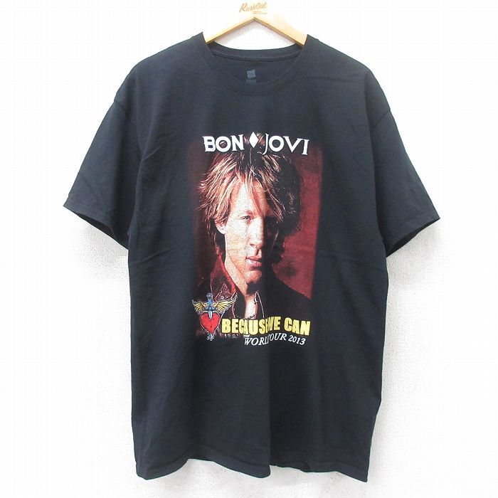 XL/古着 ヘインズ 半袖 ロック バンド Tシャツ メンズ ボンジョヴィ コットン クルーネック 黒 ブラック 25jul14 中古拍卖