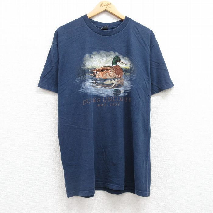 XL/古着 半袖 ビンテージ Tシャツ メンズ 90s 鳥 カモ 刺繍 鹿の子 コットン クルーネック 紺 ネイビー spe 25jul19 中古拍卖