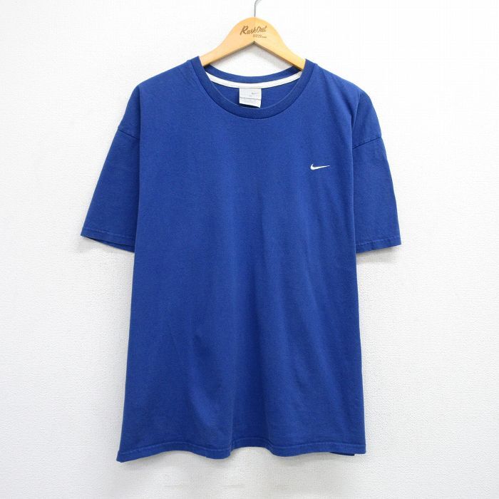 XL/古着 ナイキ NIKE 半袖 ビンテージ Tシャツ メンズ 00s ワンポイントロゴ 大きいサイズ コットン クルーネック 青 ブルー 25jul24 中古拍卖
