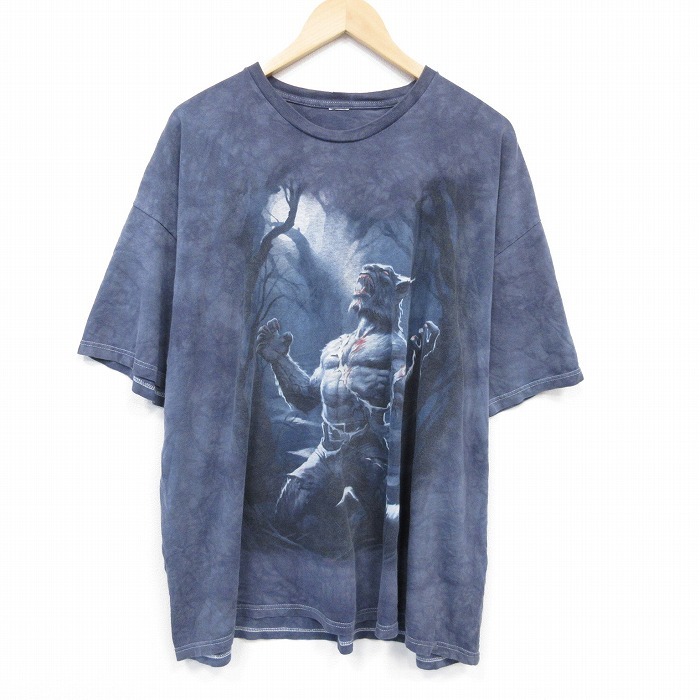XL/古着 半袖 Tシャツ メンズ オオカミ男 大きいサイズ クルーネック 濃グレー タイダイ 25jul24 中古拍卖