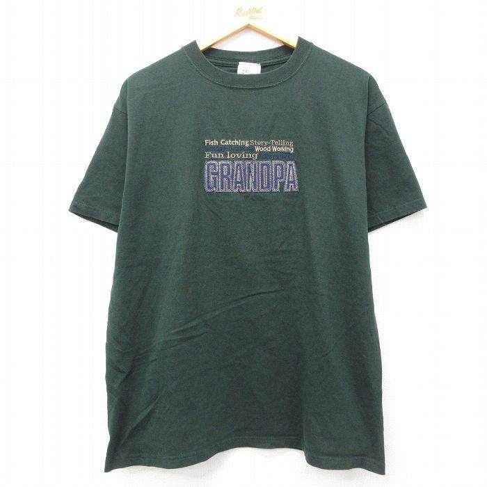 L/古着 半袖 ビンテージ Tシャツ メンズ 00s GRANDPA 刺繍 コットン クルーネック 緑 グリーン 25jul24 中古拍卖