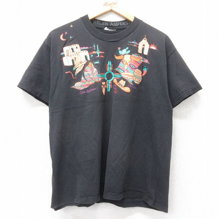 M/古着 半袖 ビンテージ Tシャツ メンズ 90s サボテン バッファロースカル ラメ クルーネック 黒 ブラック 25jul18 中古拍卖
