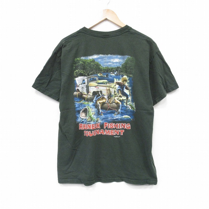 XL/古着 半袖 ビンテージ Tシャツ メンズ 00s フィッシング クルーネック 緑 グリーン 25jul23 中古拍卖