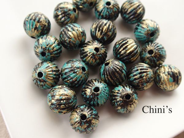 即決! 30個 8mm アクリルラウンドビーズ 黒金ブルー模様★ パーツ ハンドメイド資材 アンティーク調拍卖