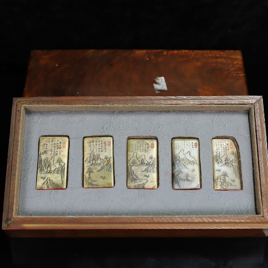 唐物 清 寿山石 微彫 山水 套章 閑章 印鑑 天然石 手彫 篆刻 古印材 極細工 古美術品 時代物 中国古玩 骨董品 D67拍卖