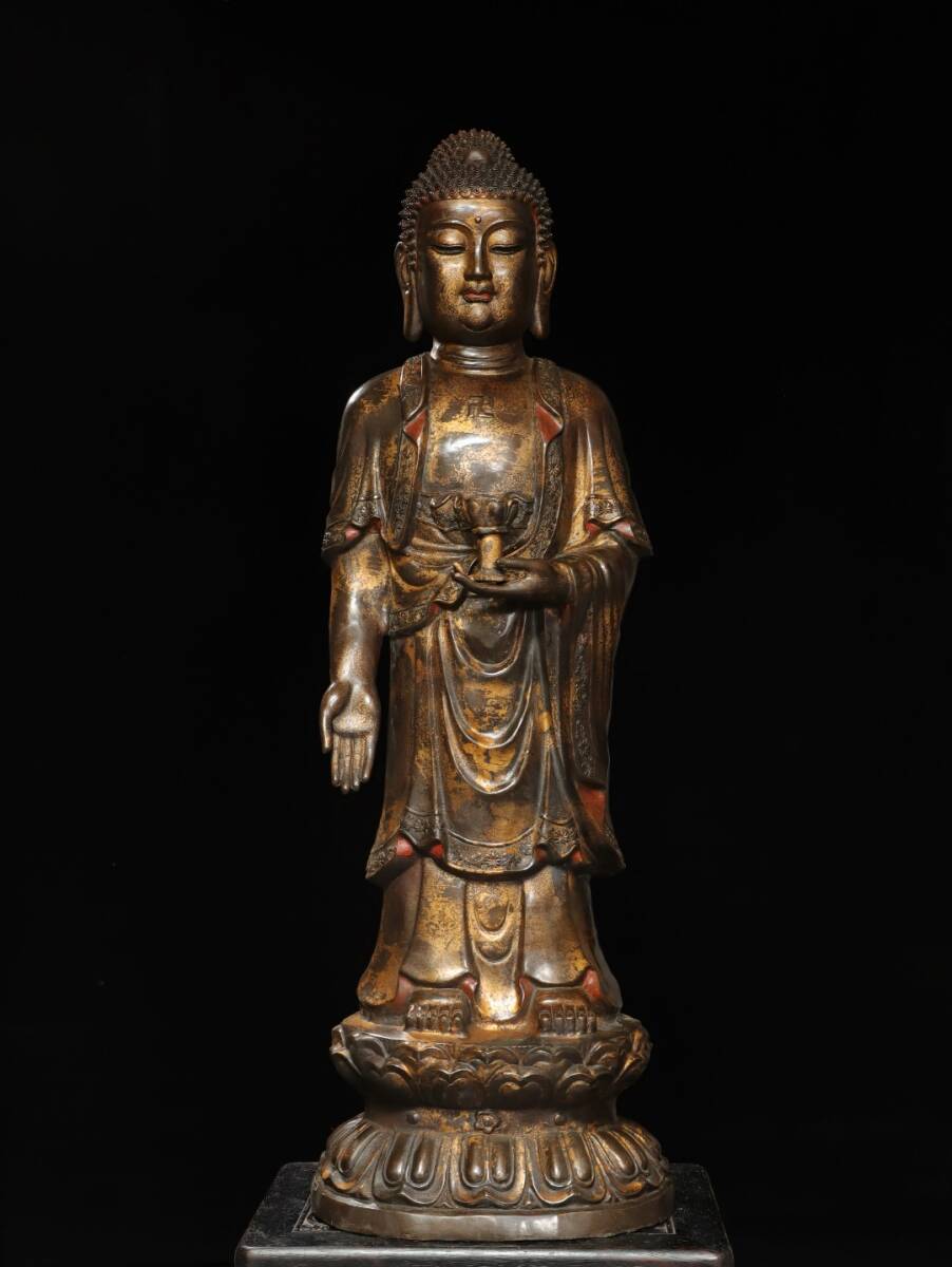 唐物 大明 永樂年製 大判仏像-高98cm銅泥金【阿彌陀仏】仏像 奉納されていた 供養品 銅製 極細工 古美術品 時代物 中国古玩 骨董品 D67拍卖