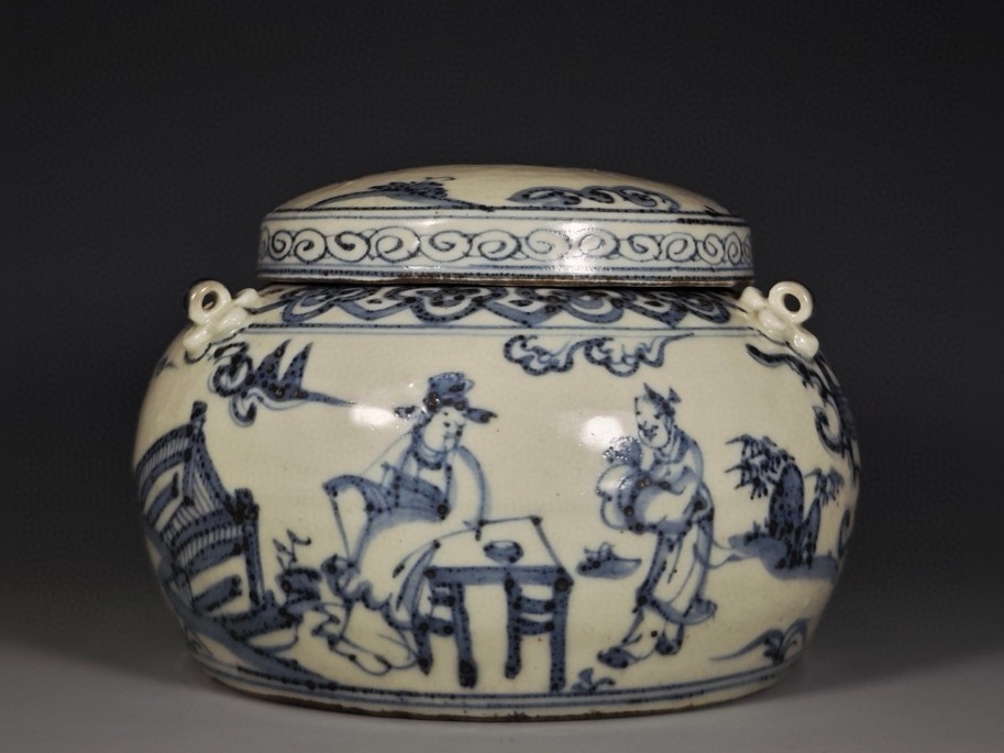 唐物 明 空白期 青花 人物紋 三系蓋罐 陶芸 古陶磁器 中国磁器 古美術品 時代物 中国古玩 骨董品 D67拍卖