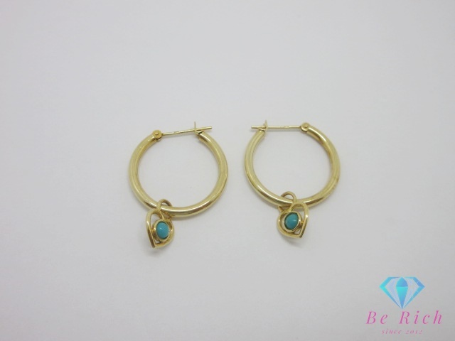 K18 YG トルコ石 ターコイズ 付 ハート モチーフ デザイン フープ ピアス チャーム セット 18金 750 【中古】【送料無料】 th13071拍卖