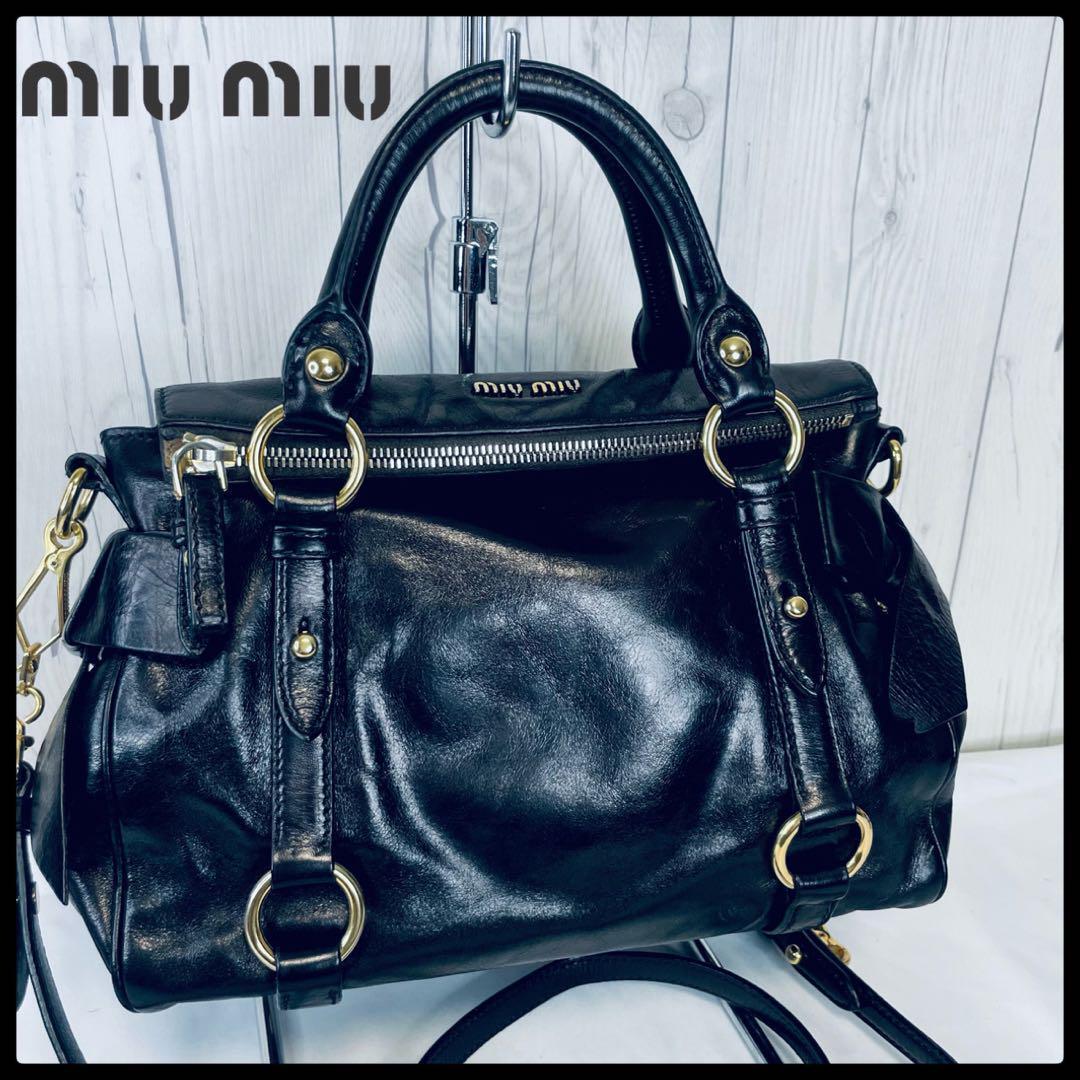 ◆ 美品 ◆ miumiu ミュウミュウ リボン ハンドバッグ レザー 黒 ブラック ショルダーバッグ アーカイブ ヴィッテロリュクス バッグ カバン拍卖