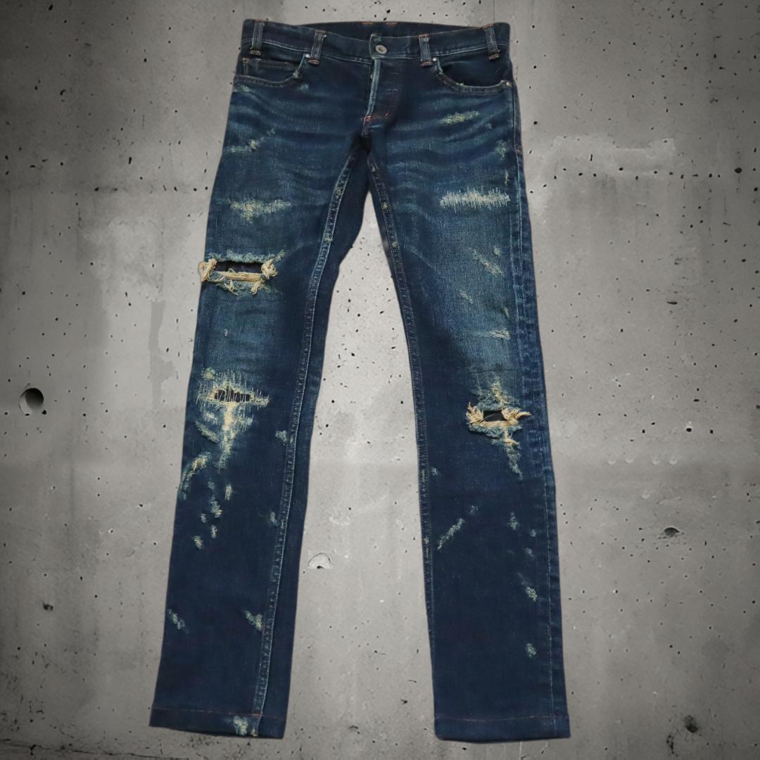 5351POUR LES HOMMES/5351プールオム ダメージ加工デニムパンツ クラッシュ加工 レザー切替 ストレッチ拍卖