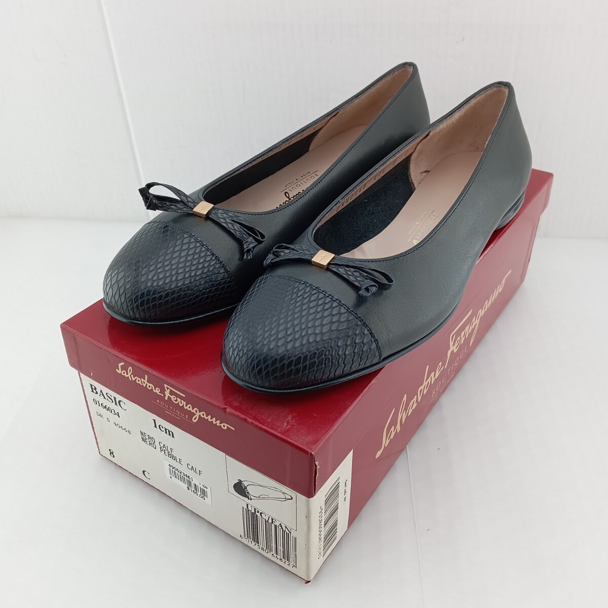 N456 Salvatore Ferragamo サルヴァトーレフェラガモ フェラガモ パンプス ヒール ローヒール リボン 切替 8C 約26cm 保管品拍卖