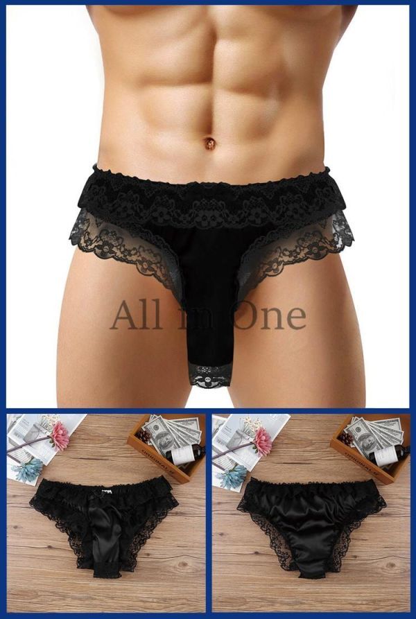 180-49-10 メンズ 光沢サテン 竿付き フリル メイド風【ブラック,L】男性 下着 セクシー ブリーフ サオ付き パンティ ゲイ ショーツ .2拍卖
