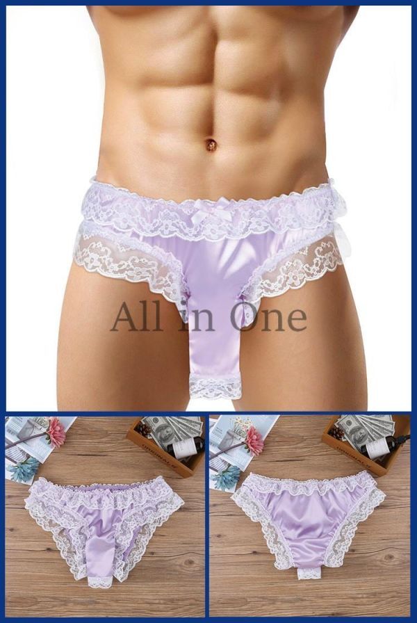 180-46-10 メンズ 光沢サテン 竿付き フリル メイド風【パープル,M】男性 下着 セクシー ブリーフ サオ付き パンティ ゲイ ショーツ .2拍卖