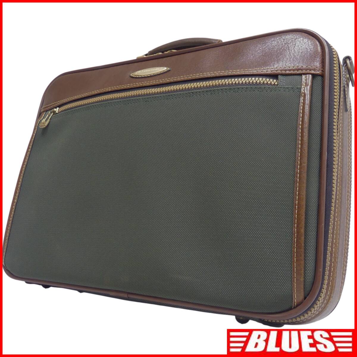 即決★Samsonite★レザーコンビ ビジネスバッグ 2way サムソナイト メンズ 茶 ショルダーバッグ 緑 本革 ブリーフケース 皮 通勤 鍵付 出張拍卖