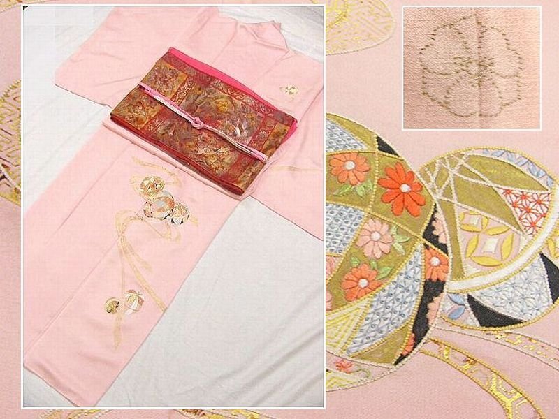 リサイクル品 小柄な方に ピンク色系刺繍の付け下げ袷着物・正絹袋帯 おまけ付拍卖
