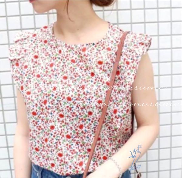 ★スローブイエナ 赤オレンジ小花柄フレンチスリーブブラウス フリル★拍卖