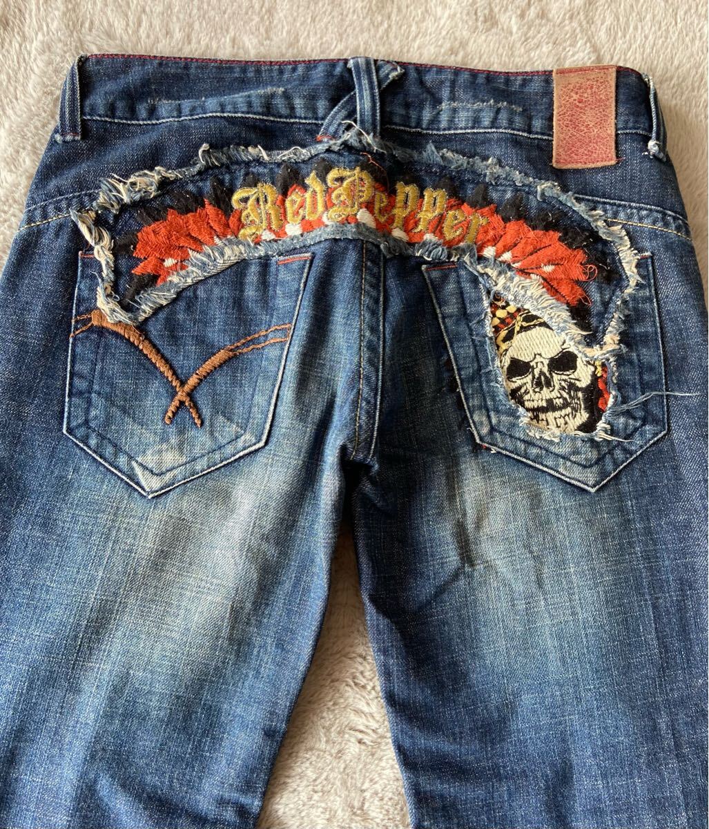 希少y2k★【レッドペッパー/鬼ヒゲ 豪華スカル刺繍】高級フレアデニムパンツ!28表記/衝撃プライス!ヴィンテージフリーク待望★NO35拍卖